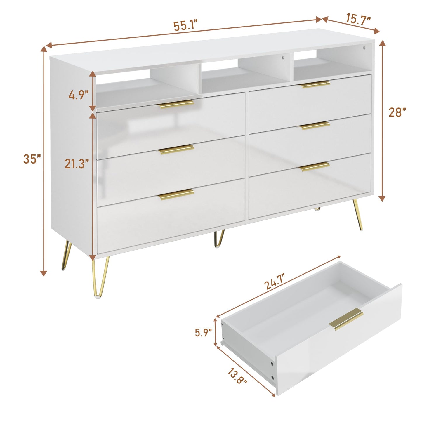 Hlivelood White Dresser for Bedroom with LED Lights, 6 Drawer Dresser with Gold Legs, High Gloss Modern Wide Dressers & Chests of Drawers, Living Room, Hallway, 55 Inch - WoodArtSupply