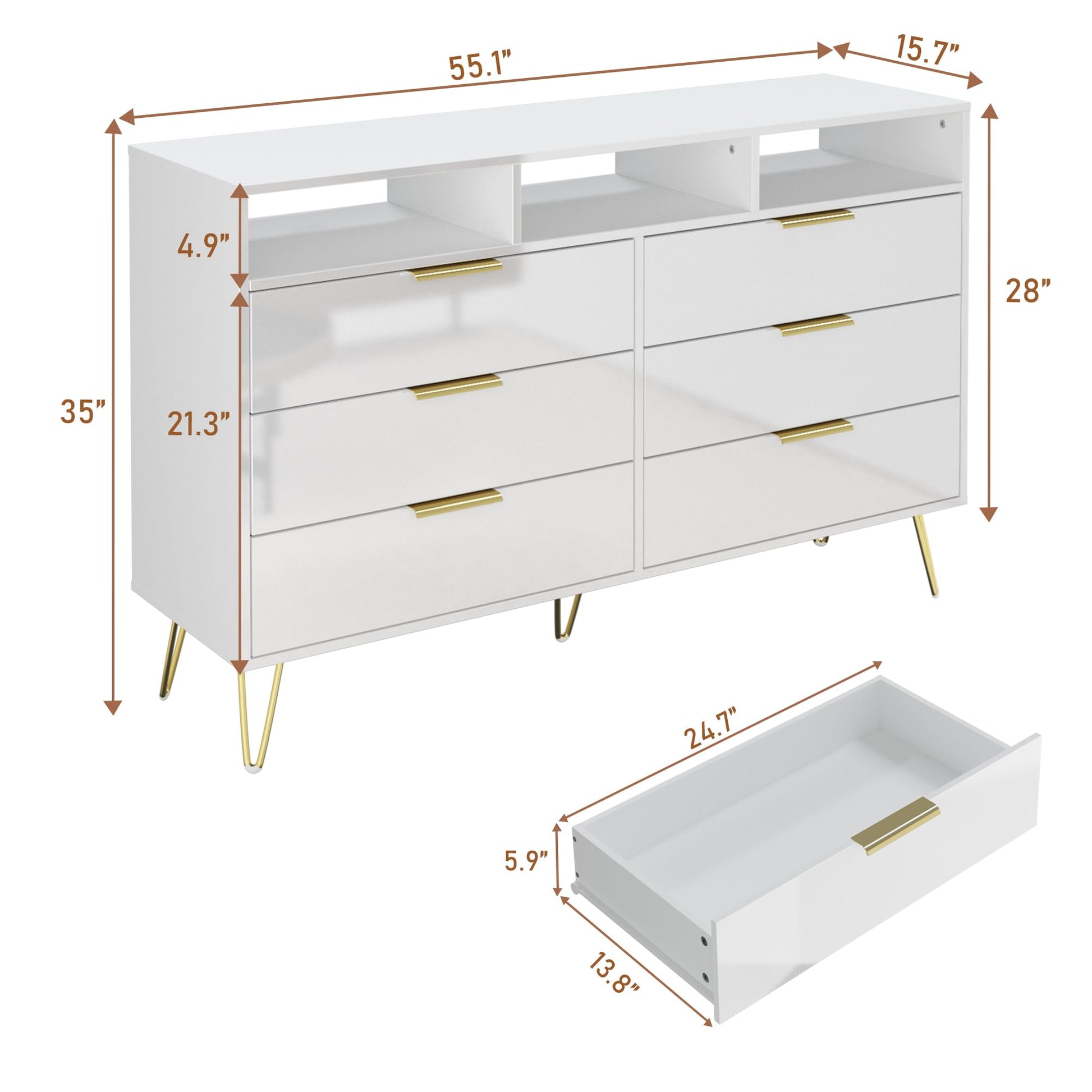 Hlivelood White Dresser for Bedroom with LED Lights, 6 Drawer Dresser with Gold Legs, High Gloss Modern Wide Dressers & Chests of Drawers, Living Room, Hallway, 55 Inch - WoodArtSupply