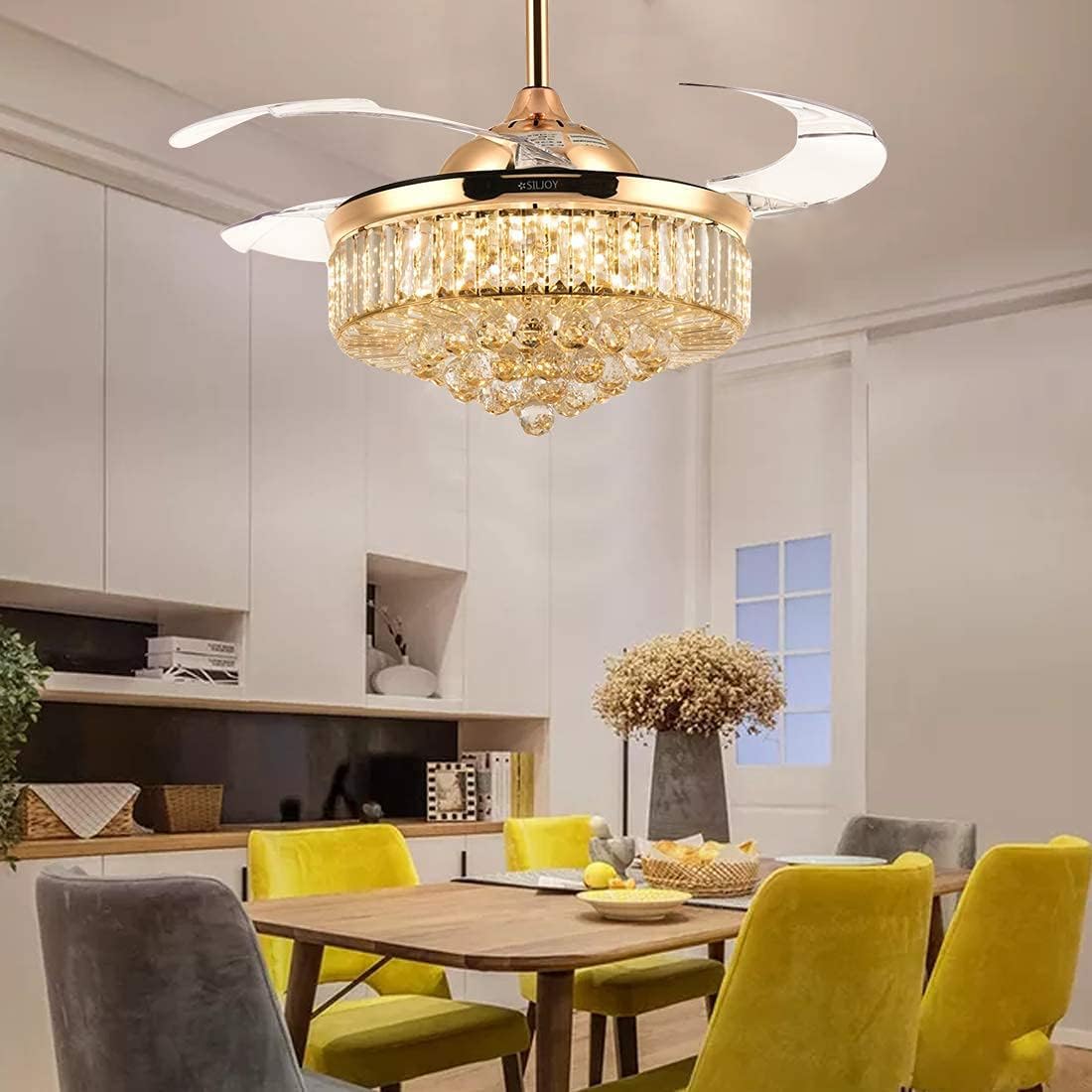 Siljoy 36 Inch Gold Fandelier Ceiling Fan with Light, Crystal Ceiling Fan with Lights and Remote, LED Dimmable Chandelier Fan with Invisible Reversible Fan Blades for Bedroom Living Room Dining Room Siljoy