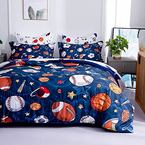 Wajade Sports Comforter Set - 7 Piece Queen Bedding with 3D Soccer, Basketball, Baseball, Football Design for Kids Wajade