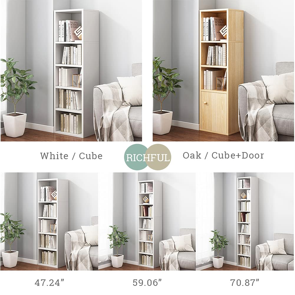 IOTXY Small Narrow Corner Bookcase - 59 Inches Tall Gap Freestanding Storage Cabinet, 7 Lattices Open Shelves Tower Rack, Cubes Bookshelf in White IOTXY