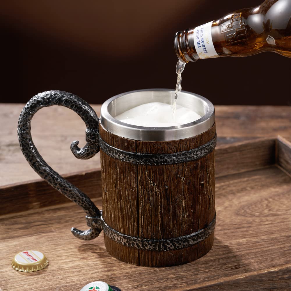 Arola Handmade Wooden Barrel Beer Mug, Stainless Steel Vintage Beer Cup, Medieval Drinkware Mug for Coffee/Beverage/Juice17oz Gift for Men. Arola