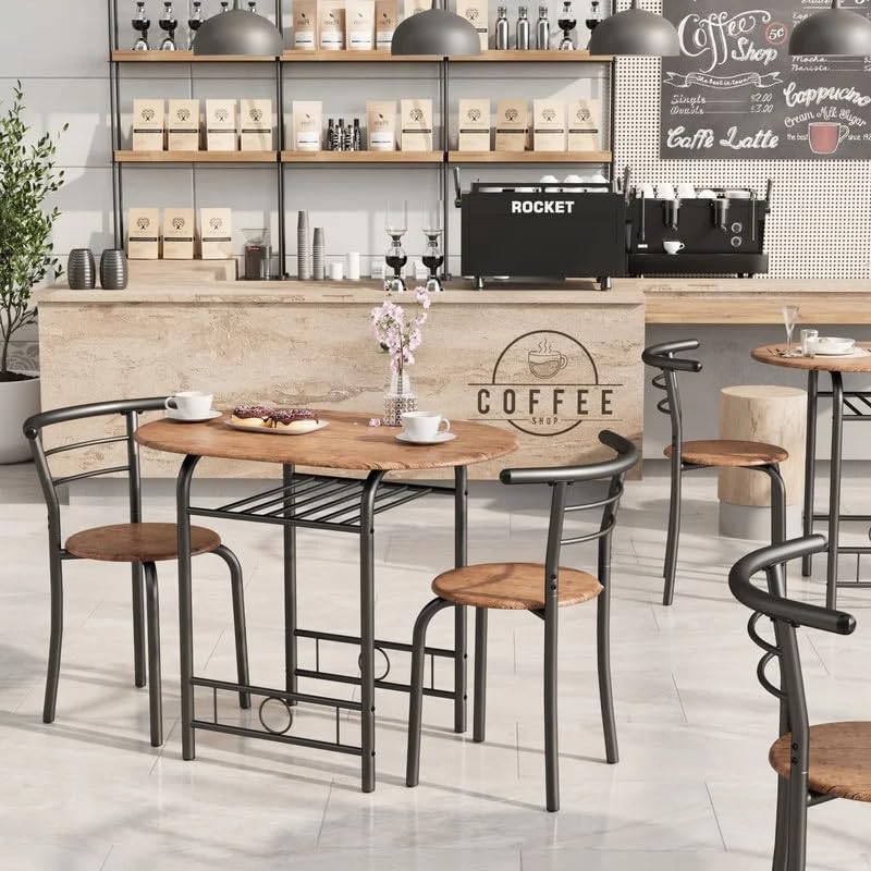 Shahoo 3-Piece Wooden Dining Table Set, Kitchen Breakfast Nook Sets with 2 Chairs & Round Tabletop, Space Saving Furniture Metal Frame and Built-in Wine Rack, Brown Shahoo