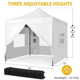 DWVO 10x10 Pop Up Heavy Duty Canopy Tent with 4 Removable Sidewall, 4 Ropes, 8 Stakes, 2 Blank Banners, 4 Sandbags & 1 Carry Bag with Wheel, Garden Gazebo Tent, Party, Exhibition, Commerce, White DWVO