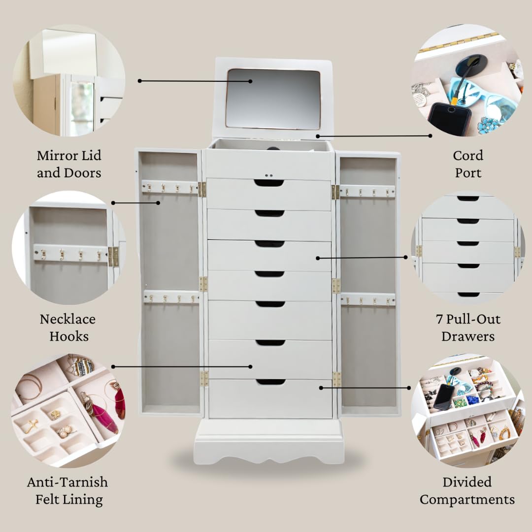 Hives & Honey Chelsea Standing Jewelry Armoire Cabinet, Jewelry Storage Organizer with Top Flip Mirror, 2 Doors, 7 Drawers, Jewelry Chest Armoire, Jewelry Box for Necklace, Earring, Bracelet, White Hives and Honey