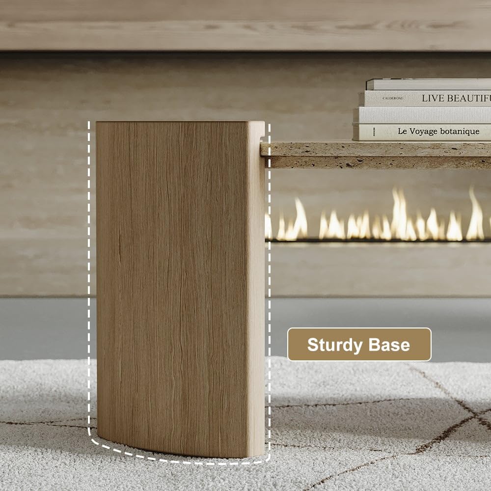 homary 43" Japandi Oval Travertine Stone Top Coffee Table – Double Pedestal Oval Coffee Table with Natural Beige Stone Surface and Engineered Wood Base for Living Room and Lounge homary