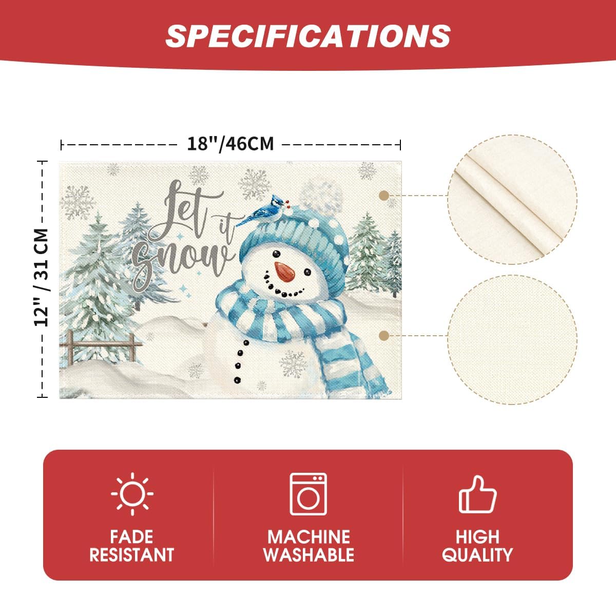 Artoid Mode Xmas Trees Let It Snow Blue Snowman Christmas Placemats Set of 4, 12x18 Inch Winter Table Mats for Party Kitchen Dining Decoration Artoid Mode