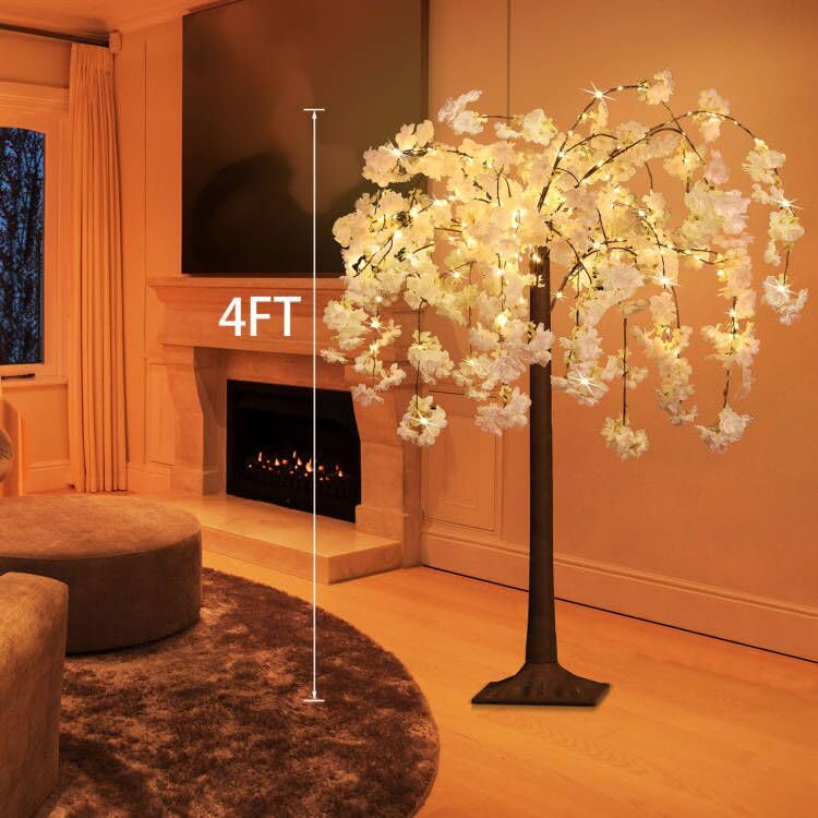 OUSHENG Lighted Cherry Blossom Tree LED Artificial Trees for Decoration Inside, Light up Fake Plant with Faux Flower for Home Wedding Party Festival Christmas Indoor Decor, Warm White, 4FT OUSHENG