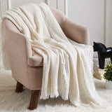 CREVENT Farmhouse Boho Knitted Throw Blanket for Couch Sofa Chair Bed Home Decoration, Soft Warm Cozy Light Weight for Spring Summer Fall (50''X60'' Off White/Ivory/Cream) CREVENT