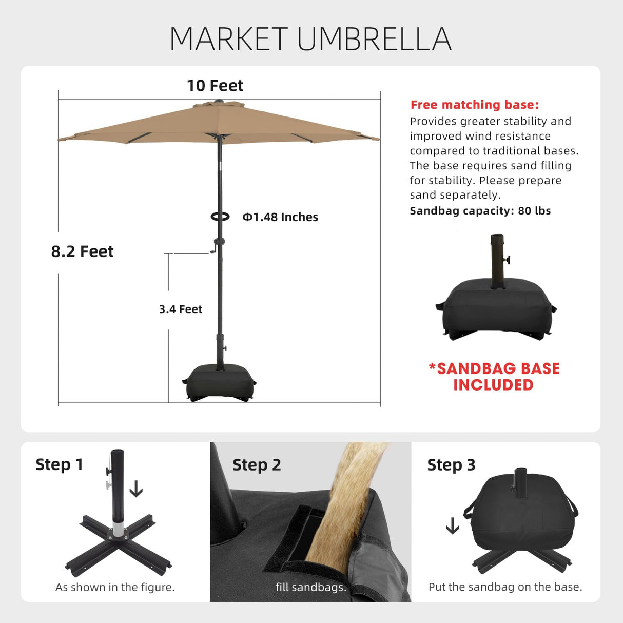 wikiwiki 10FT Patio Umbrellas with Base Included, Outdoor Umbrella with Sandbag Base, 8 Sturdy Ribs, Fade Resistant Waterproof POLYESTER DTY Canopy for Garden, Lawn, Deck, Backyard & Pool，Tan wikiwiki