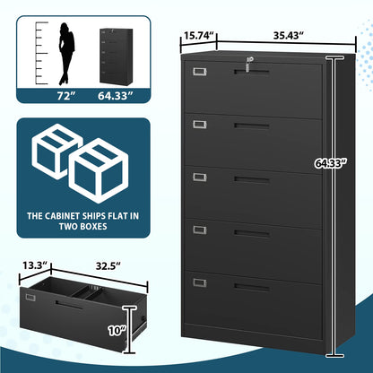 MIIIKO Lateral File Cabinet with Lock, 5 Drawer Metal File Cabinets 35.4" Wide, Home Office Locking Filing Cabinets for Legal Letter File Folders - WoodArtSupply