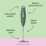 Bloom Nutrition Milk Frother, Hand Mixer, Electric, Handheld Drink Stirrer, Frothing Wand, Foam Maker for Coffee, Matcha, Protein, Greens, Stainless Steel, Battery Operated, Includes Whisk Stand Bloom Nutrition