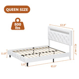 Keyluv Modern Upholstered Queen Bed Frame with LED Lights, Faux Leather Low Profile Platform Bed Frame, Adjustable Crystal Button Tufted Headboard, Strong Wood Slat Support, Easy Assembly, White Keyluv