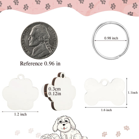 16 Pieces Sublimation Blank Dog Tag Paw Shape Sublimation Dog ID Tags Double Sided Dog Collar Tags with 16 Key Ring MDF Heat Transfer Pet Tag Pendent Blank Craft Pet Tag for Pets(Paw and Bone Style) Xuniea
