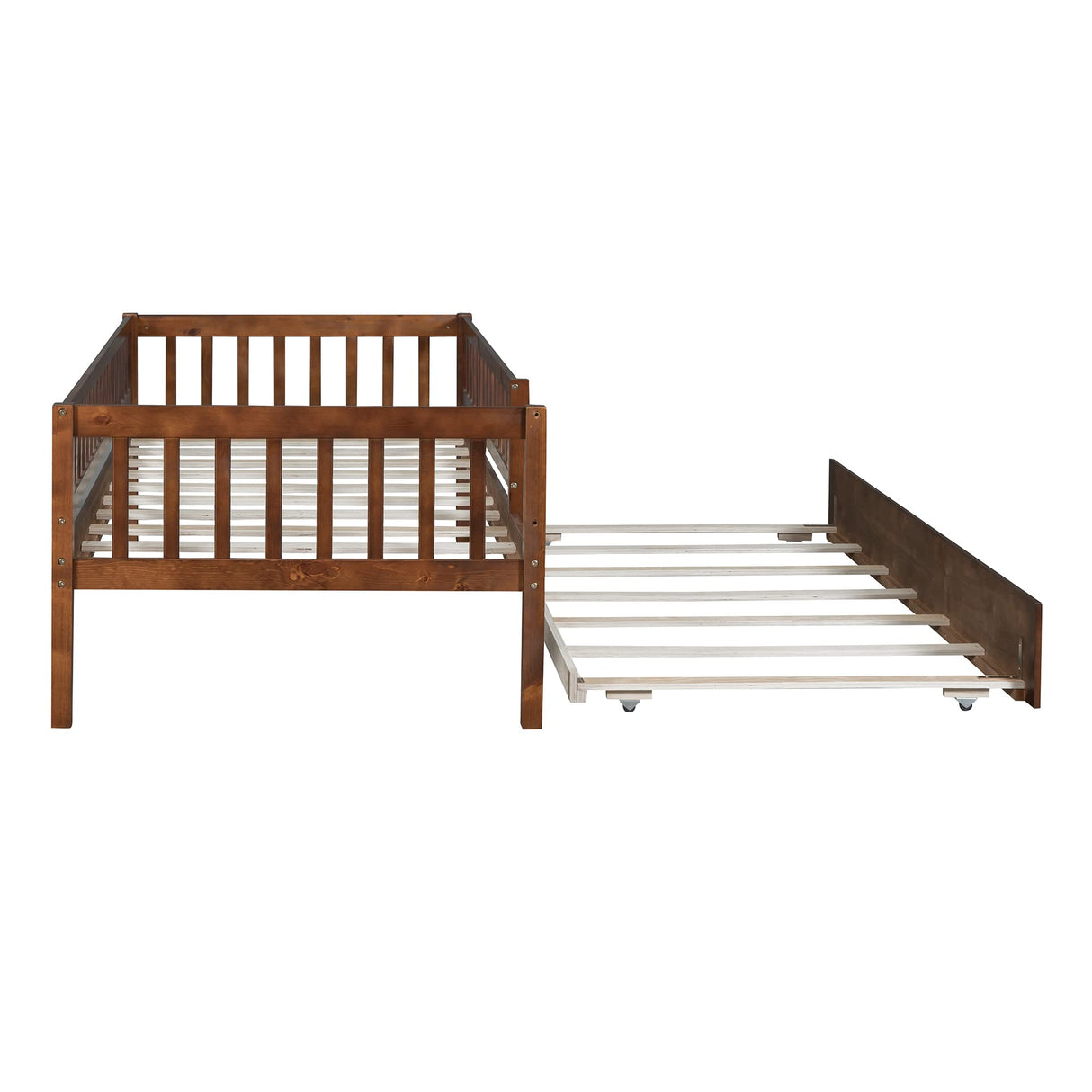 Twin Size Bed Frame with Trundle and Fence Guardrails, Wooden Montessori Style Kids Beds with Slats Support, Dual-use Daybed for Bedroom and Living Room, Walnut Bellemave