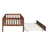 Twin Size Bed Frame with Trundle and Fence Guardrails, Wooden Montessori Style Kids Beds with Slats Support, Dual-use Daybed for Bedroom and Living Room, Walnut Bellemave
