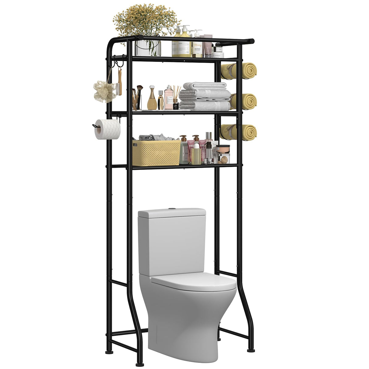 Simple Trending 3 Tier Over The Toilet Rack, Shelf Bathroom, Bathroom Stand Organizer Space Saver, Black Simple Trending