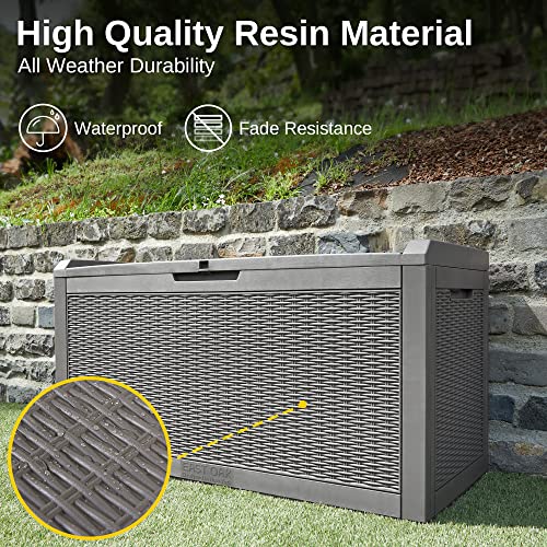 EAST OAK Outdoor Storage Box, 100 Gallon Deck Box, Waterproof Resin Storage Bench for Patio Cushions, Gardening Tools, Pool Toys, Lockable, UV Resistant, Grey EAST OAK