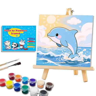 WEMEON Dolphin Paint by Numbers Kit for Kids with Frame and Easel, Easy Paint by Numbers Kits for Kids Ages 4-6, Small Painting by Number for Birthday Gift, Painting Party(10X10inch)