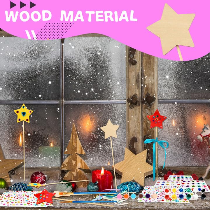 92 Pcs Unfinished Star Princess Fairy Wands Kit Make Your Own Princess Wand DIY Art Craft Magical Wand Include 36 Star Wooden Fairy Wands 18 Gem Stickers 36 Ribbons 2 Markers for Kids Party Supplies Feradny