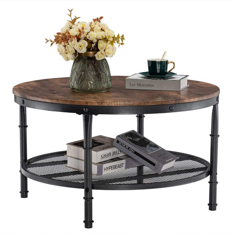 VINGLI Round Coffee Table with Storage - 31.5" Rustic Farmhouse Design, Industrial Style with Metal Shelf VINGLI