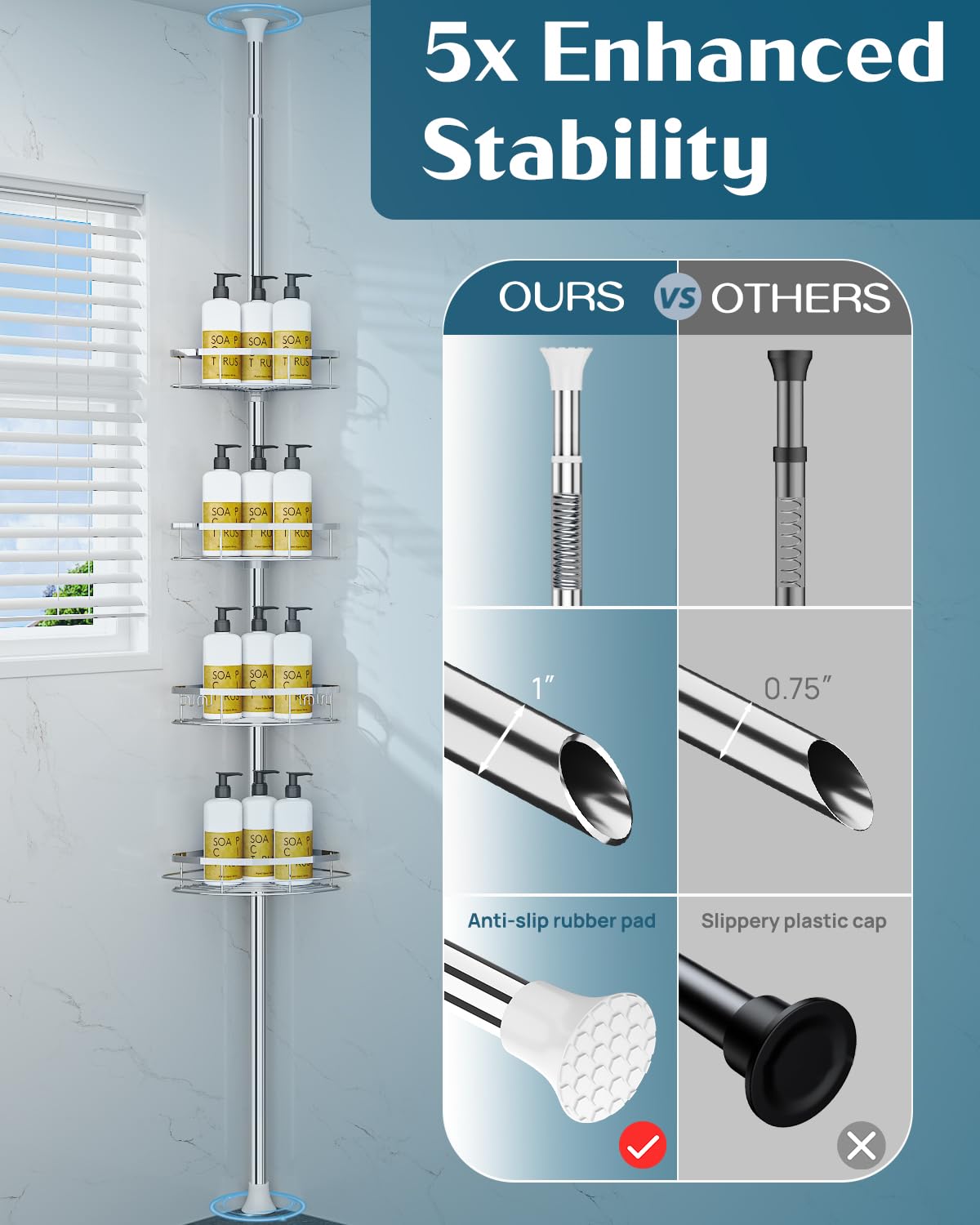 SEIRIONE Rustproof Shower Corner Caddy Organizer for Bathroom, 4 Adjustable Shelves with Tension Pole, for Bathtub Shampoo Accessories Storage Holder, 34 to 116 Inch Height SEIRIONE