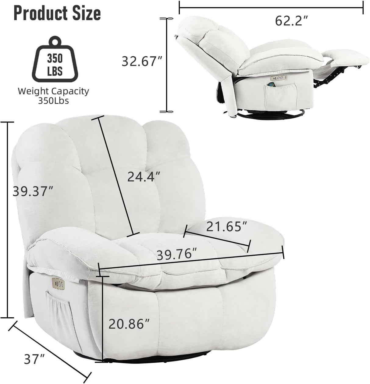 EDWELL Power Recliner Chair, Massage Rocker Recliner Chairs for Adults with Heated, Oversized Rocker Swivel Chairs for Living Room, Comfy Nursery Rocking Chairs with USB-C Ports and Side Pocket, White EDWELL
