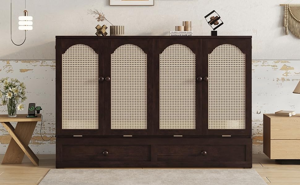 Ball & Cast Murphy Bed Queen Size,Wood Rattan Decoration Hideaway Cabinet Bedframe with Power Station,Wall Platform can be Folded up,Fold-Down Chest W/Drawer,for Apartment,Bedroom,Espresso Ball & Cast
