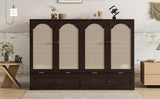 Ball & Cast Murphy Bed Queen Size,Wood Rattan Decoration Hideaway Cabinet Bedframe with Power Station,Wall Platform can be Folded up,Fold-Down Chest W/Drawer,for Apartment,Bedroom,Espresso Ball & Cast