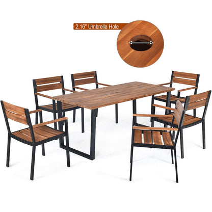Tangkula 7 Pieces Patented Wood Patio Dining Set with Umbrella Hole, 6 Heavy Duty Acacia Armrest Chairs and Rectangle Table Set, Suitable for Deck Lawn Garden Poolside and Backyard