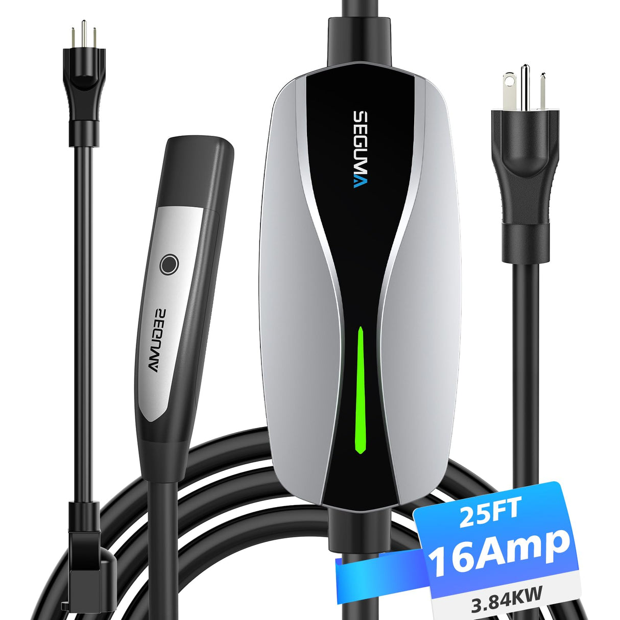Portable Level 1/2 EV Charger for Tesla, 16A Electrical Tesla Car Mobile Charger 25FT Extension Cable with 240V NEMA 6-20 Plug, 120V NEMA 5-15 Adapter, NACS Home Wall Connector for Tesla Model-Y/3/S/X SEGUMA