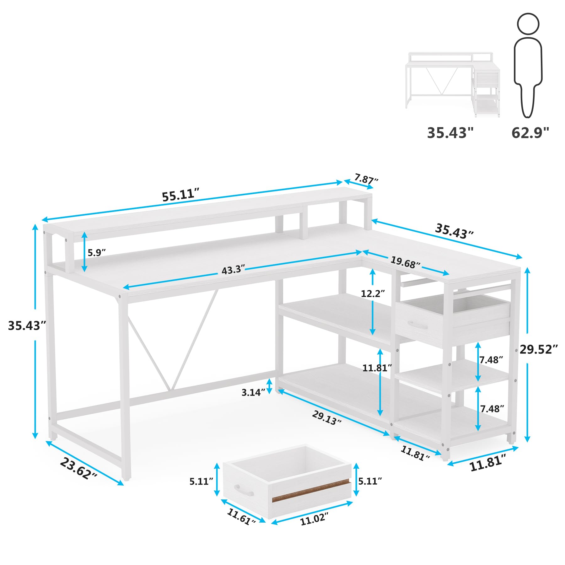 Tribesigns 55-Inch Modern White Reversible L-Shaped Desk with Storage Shelves and Drawers - WoodArtSupply