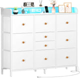 Yoobure Dresser for Bedroom with Charging Station and LED Lights, Tall TV Stand with 10 Storage Drawers, Fabric Wood Dressers & Chests of Drawers for Kids Bedroom Closet Organizer, White Yoobure