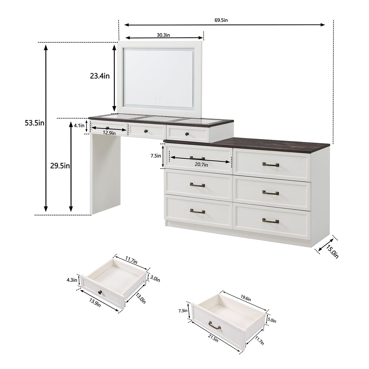 Aitjunz 69" W Big Vanity Desk with Glass Top, Farmhouse Makeup Table with 9 Large Storage Drawers, Rustic Wood Bedroom Dressing Table w/3 Color Available Light & 30" HD Led Mirror,White Aitjunz