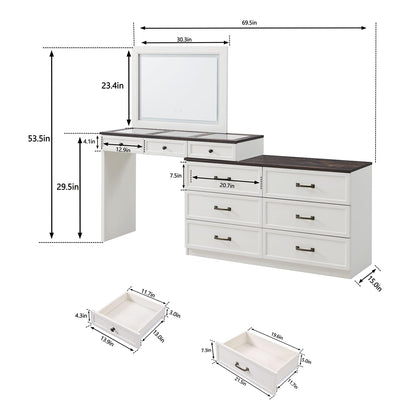 Aitjunz 69" W Big Vanity Desk with Glass Top, Farmhouse Makeup Table with 9 Large Storage Drawers, Rustic Wood Bedroom Dressing Table w/3 Color Available Light & 30" HD Led Mirror,White - WoodArtSupply