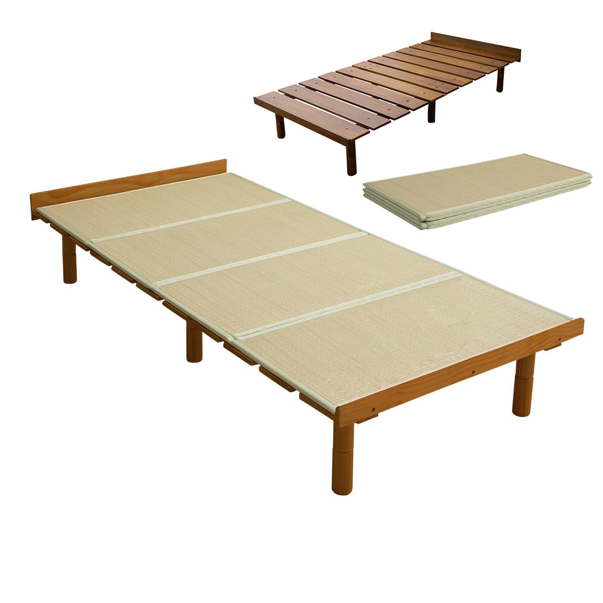 EMOOR Retro-Brown Wood Slatted & Tatami Floor Bed Frame OSMOS+TATAMI Twin – Height Adjustable Solid Pine for Japanese Futon Mattress EMOOR