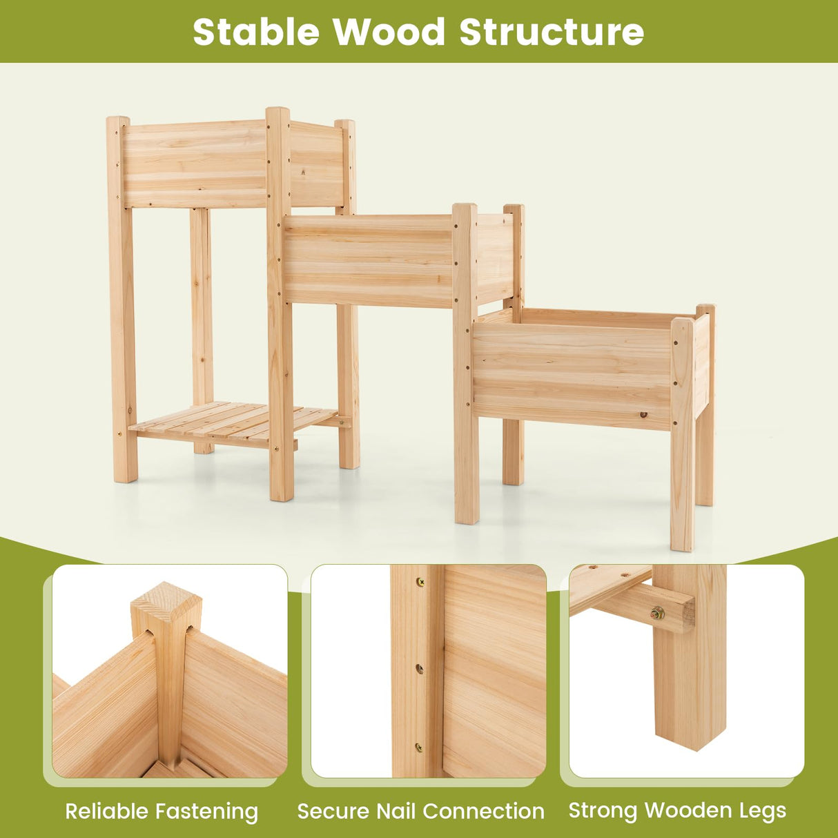 HAPPYGRILL 3-Tire Raised Garden Bed, Wooden Raised Planter Box with 3 Planter Boxes, Drainage Holes, Open Storage Shelf, Outdoor Garden Bed with Legs for Plant, Fruit, Vegetable, Flower, Herb HAPPYGRILL