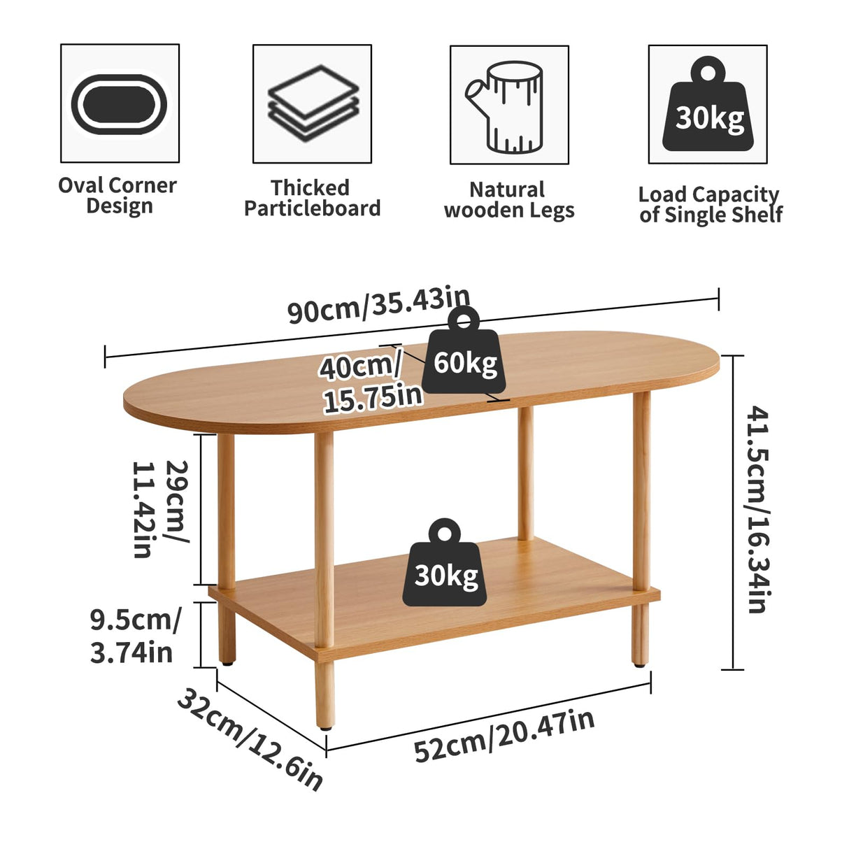 Aibiju Wooden Tea Table Small Coffee Table, 2 Tier Coffee Table for Living Room, 35x16x17inch TV Table Stand with Storage Shelf Natural Wood Color YD-012N Aibiju