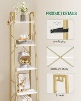 Hzuaneri Ladder Shelf, Bookshelf Bookcase, Freestanding Corner Storage Shelve with 2 Hooks for Home Office, Living Room, Kitchen, Bedroom, Industrial, 11.8" D x 13.4" W x 63" H, White Gold BC03213G Hzuaneri