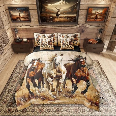 Erosebridal Horse 7 Piece Comforter King Size for Kids Boys Western Cowboy Horse Sheet Set Bed in A Bag 3D Printed Wildlife Wild West Country Rustic Cabin Desert Bed Set Erosebridal