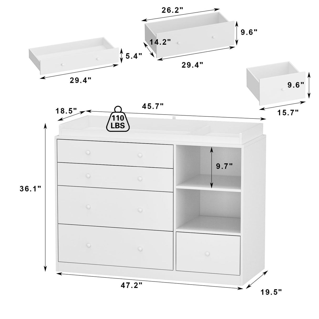 ROMSHINE Nursery Dresser with Baby Changing Table, Diaper Changing Tables for Nursery with 5 Drawers & Shelves, Changing Station Nursery Organizer for Bedroom, White (47.6" W x 19.7" D x 36.1" H) ROMSHINE