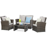 Wisteria Lane 4 Piece Outdoor Patio Furniture Sets, Wicker Conversation Set for Porch Deck, Gray Rattan Sofa Chair with Cushion Wisteria Lane