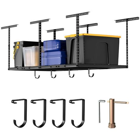 4x8 Overhead Garage Storage Rack with 4 Extra Hooks – Adjustable Heavy-Duty Garage Ceiling Storage Racks (22"-40"), Holds 600 lbs, 22 lbs per Hook, Steel Hanging Organizer for Tools, Bins & Bikes Keelian