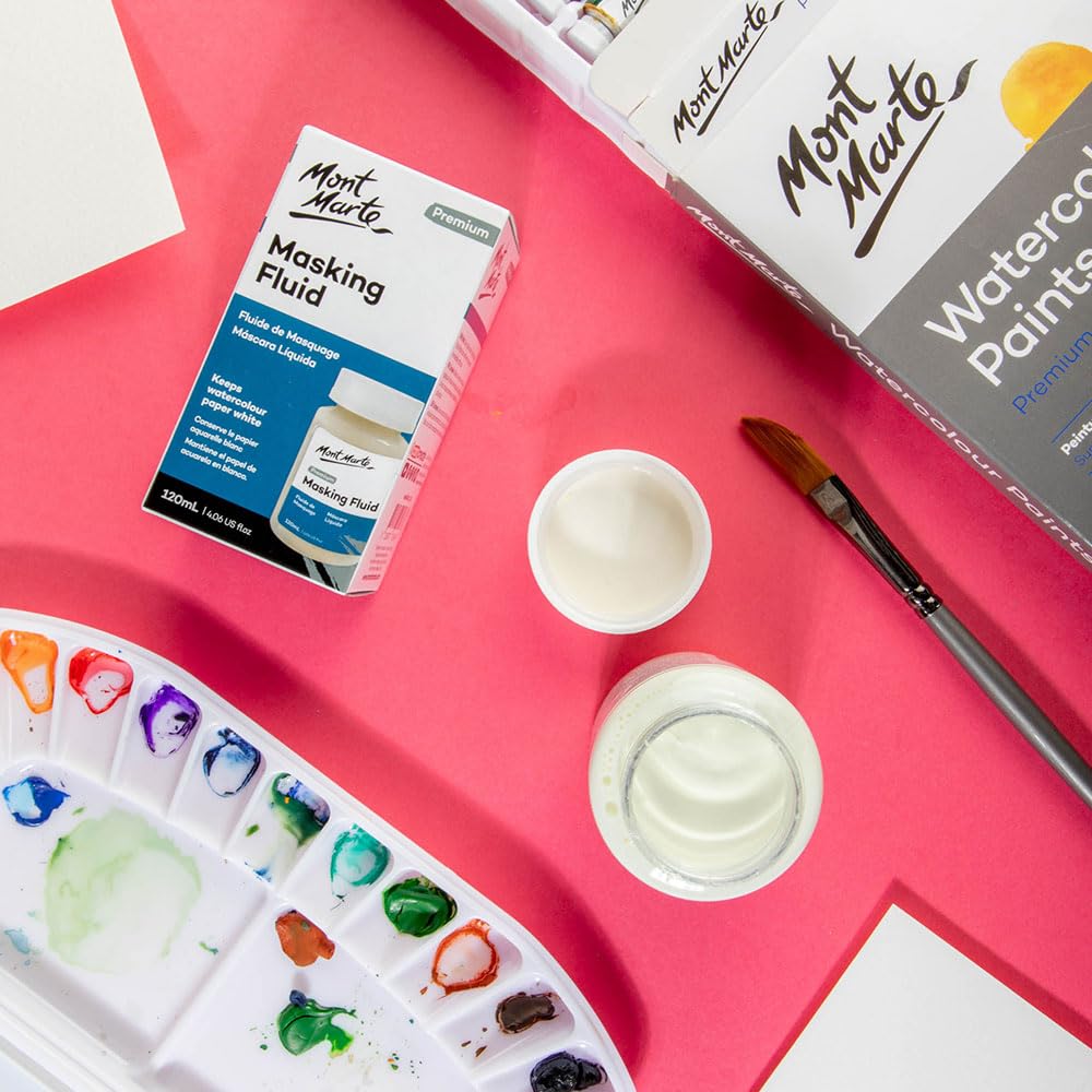 Mont Marte Masking Fluid Premium 120ml (4.06 US fl.oz), Masking Fluid for Watercolor Painting, Keeps Areas Free of Color And Edges Crisp, Resists Watercolor, Ink and Pouring Paint Mont Marte