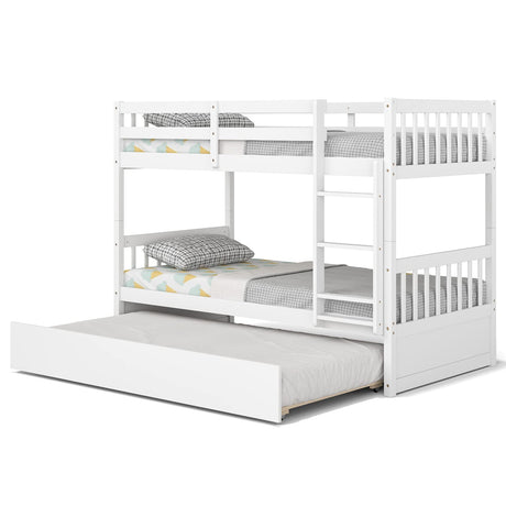 KOMFOTT Wood Twin Over Twin Bunk Bed with Trundle, Solid Pine Wood Bunk Bed Frame with Ladder & Safety Guardrails, Space-Saving Convertible Bunk Bed for Home & Dormitory, No Box Spring Needed KOMFOTT