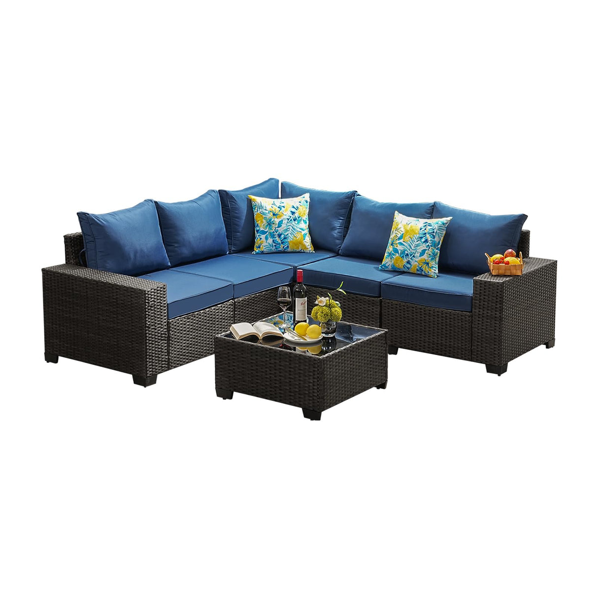 JOYURE 6 Pieces Patio Furniture Set All-Weather Outdoor Wicker Sectional Conversation Sofa Rattan Patio Seating Sofa with Cushion and Glass Table for Porch Poolside,Navy JOYURE