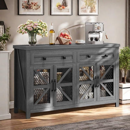 YITAHOME 55'' Farmhouse Buffet Cabinet with Storage, Large Sideboard Cabinet with 4 Mesh Decorated Doors & 2 Drawers, Kitchen Storage Cabinet Coffee Bar Cabinet, Living Room, Dark Grey