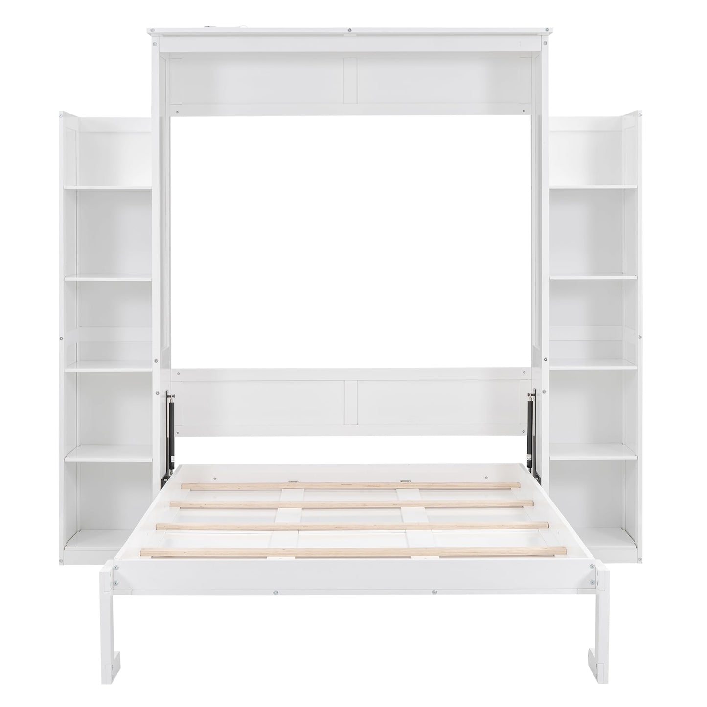 SOFTSEA Full-Size Murphy Bed Wardrobe with Shelves & LED Lights, Space-Saving Wood Frame in White - WoodArtSupply