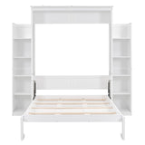 SOFTSEA Full-Size Murphy Bed Wardrobe with Shelves & LED Lights, Space-Saving Wood Frame in White SOFTSEA
