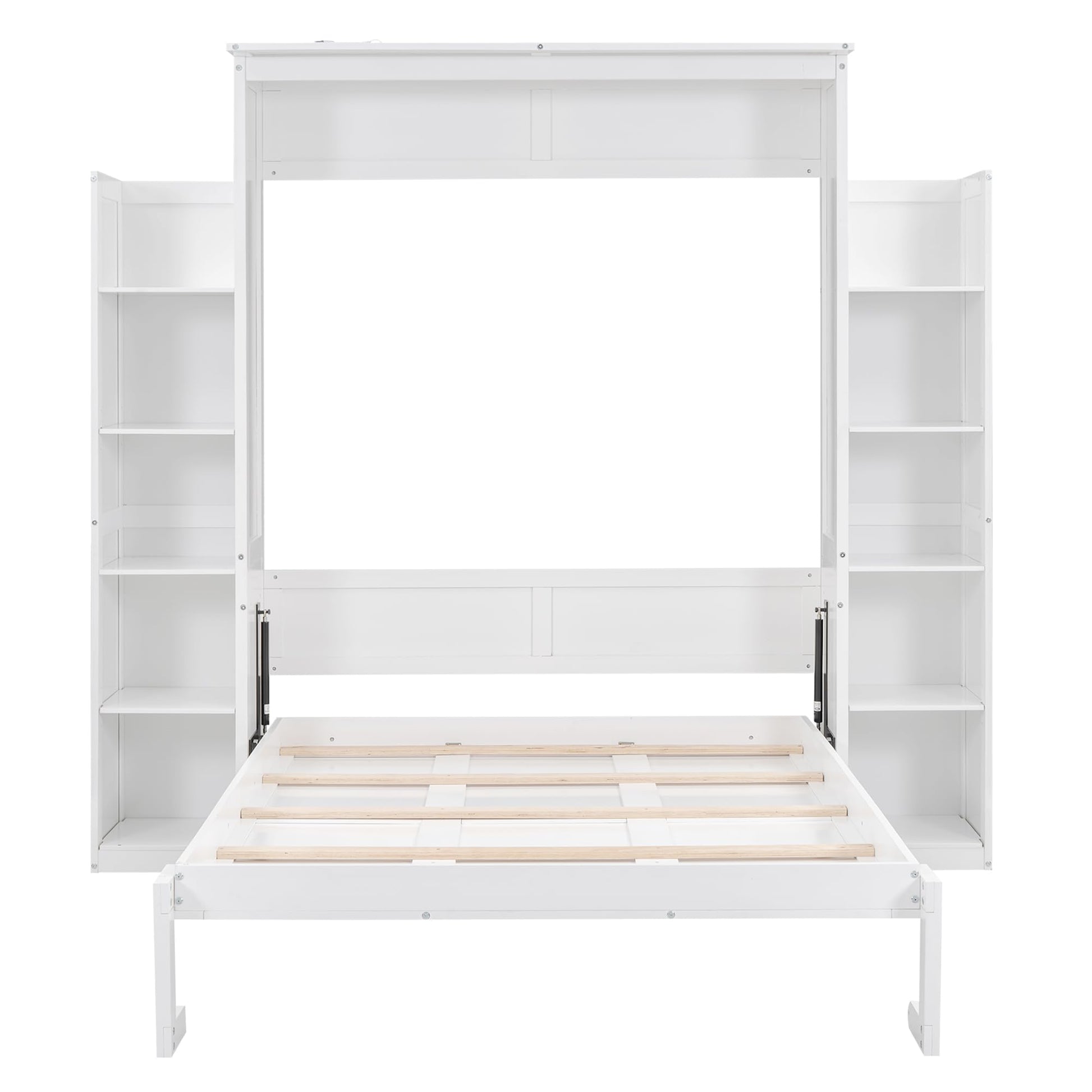 SOFTSEA Full-Size Murphy Bed Wardrobe with Shelves & LED Lights, Space-Saving Wood Frame in White - WoodArtSupply